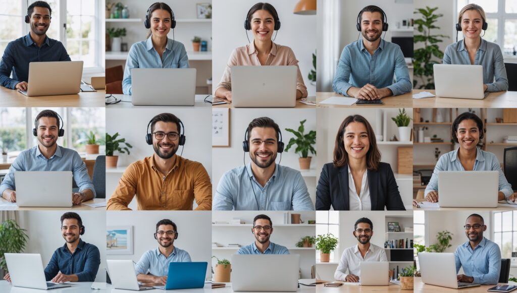 Amazon work from home jobs - diverse remote workers in professional home offices with computers and headsets