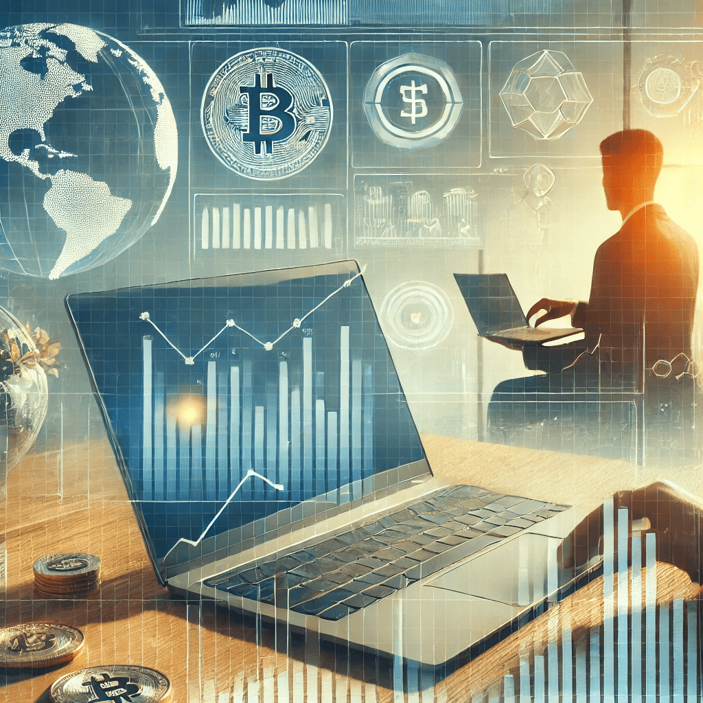 A modern digital workspace representing online earnings, featuring a laptop, financial charts, and digital currency symbols.