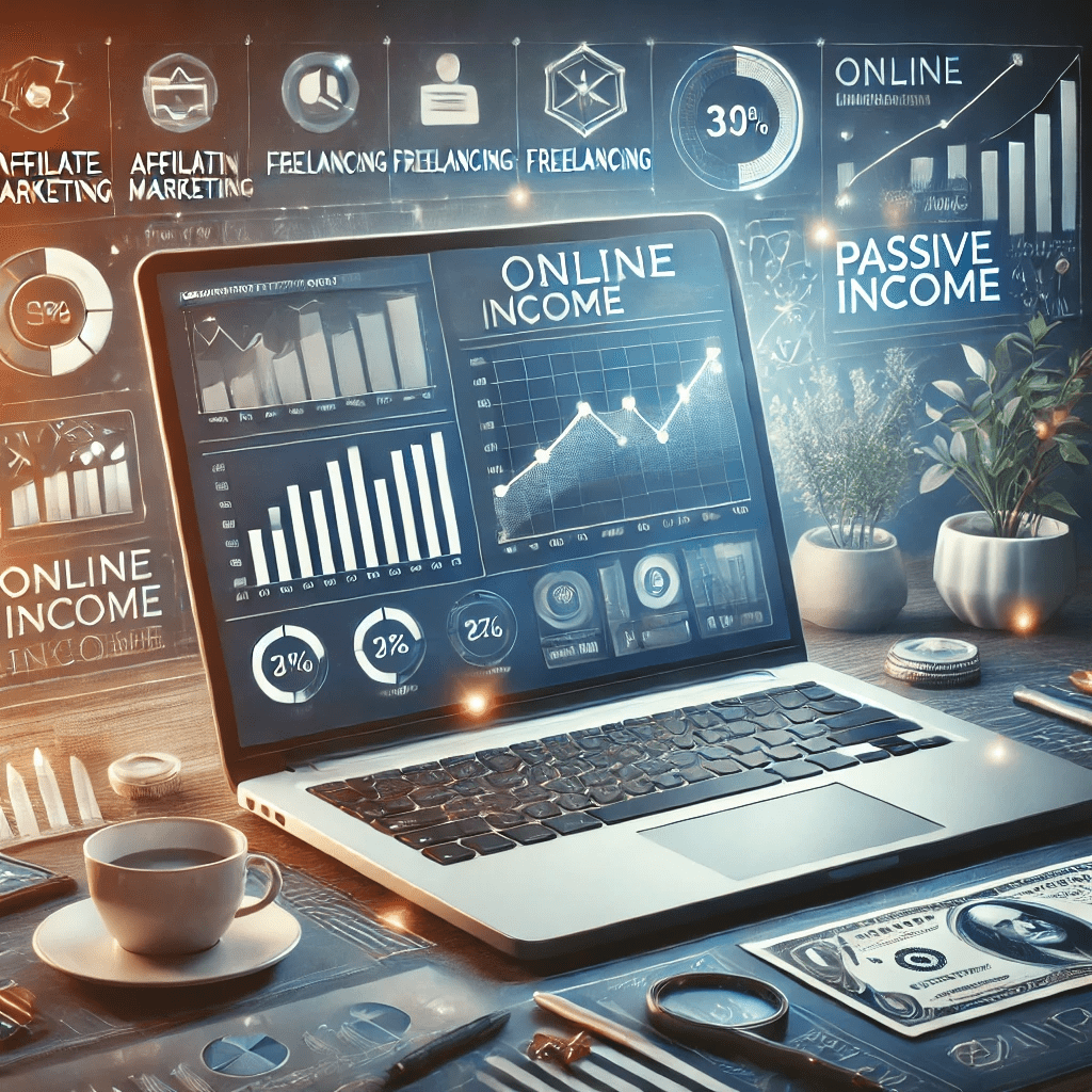 A digital workspace with a laptop displaying an online income dashboard, surrounded by elements of online business success.